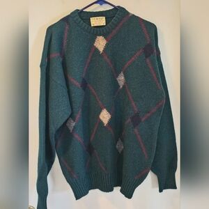 VTG The Moors Lord Jeff 100% Shetland Wool Sweater Mens L Green Geometric Read